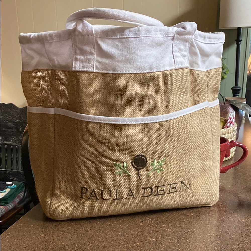 PAULA DEEN Tan and White Burlap/Canvas Tote Bag